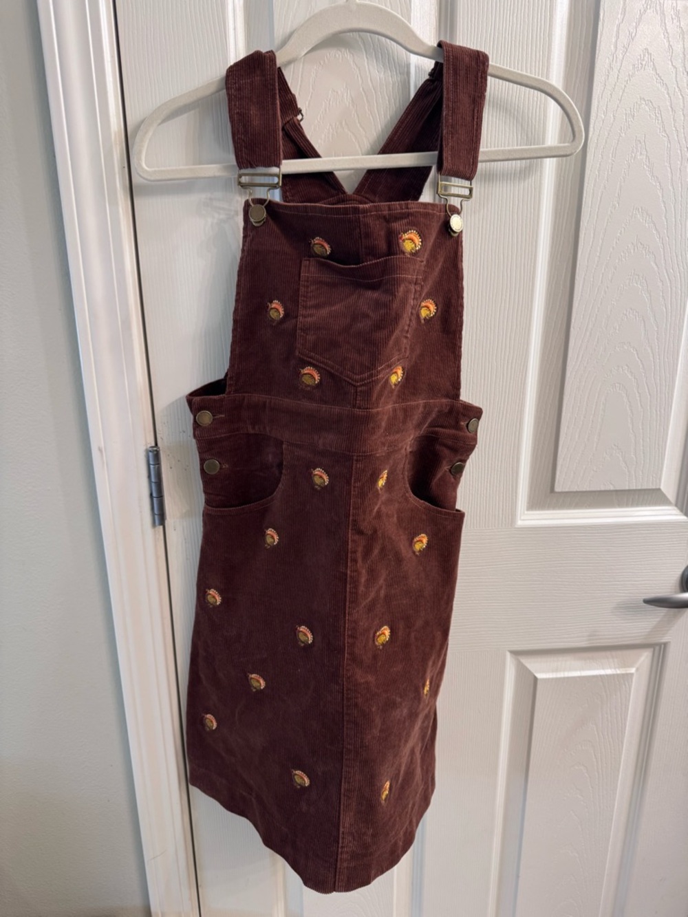 Kiel James Patrick Brown Corduroy Overall Dress with Yellow Embroidered Accents